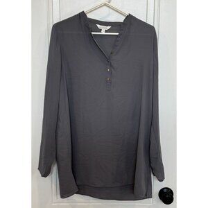 Charming Charlie Grey Long-Sleeve Henley Sheer Blouse L Split Neck Causal EUC